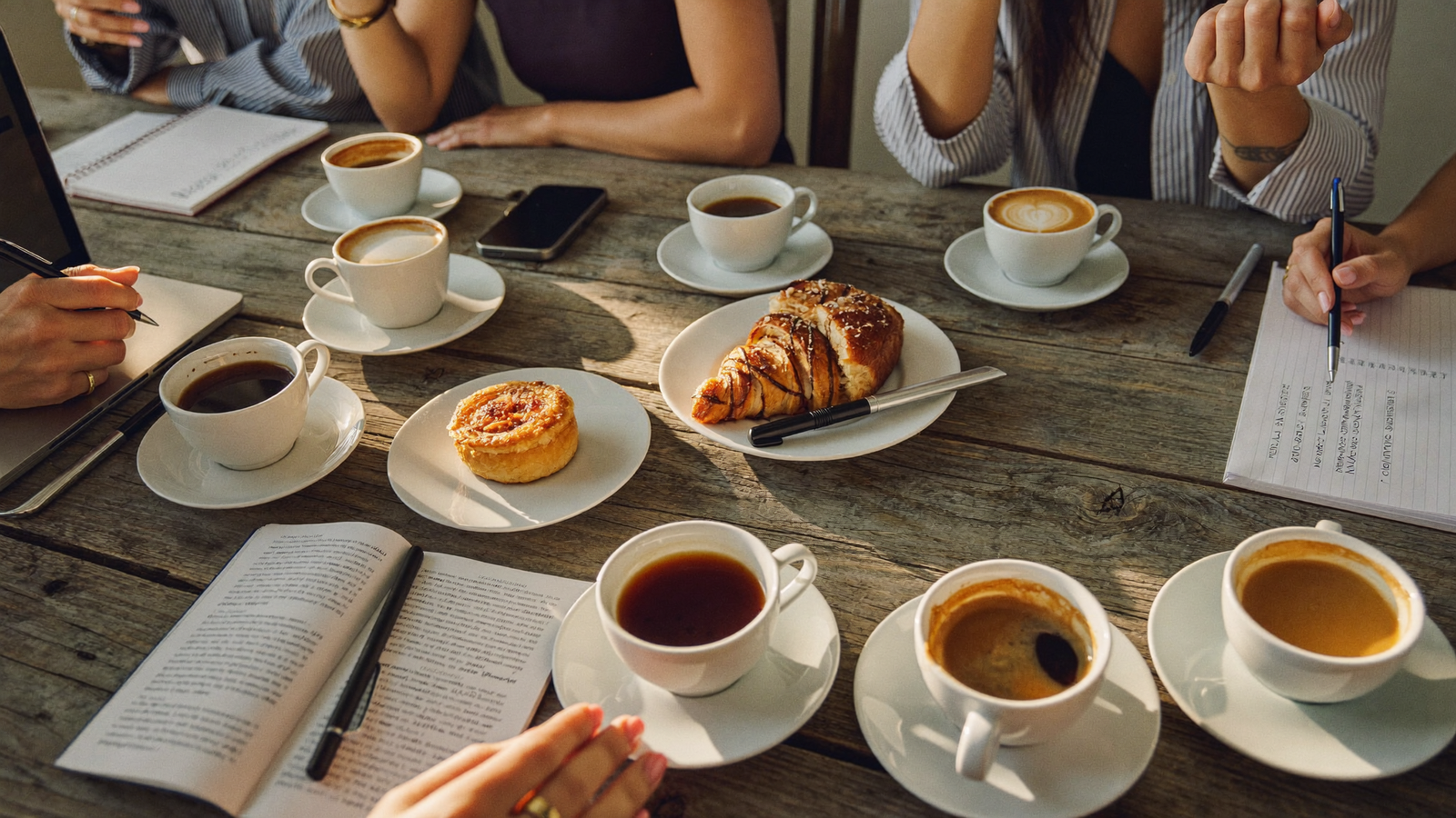 Coffee cups and notebooks on a table at a morning business networking meeting