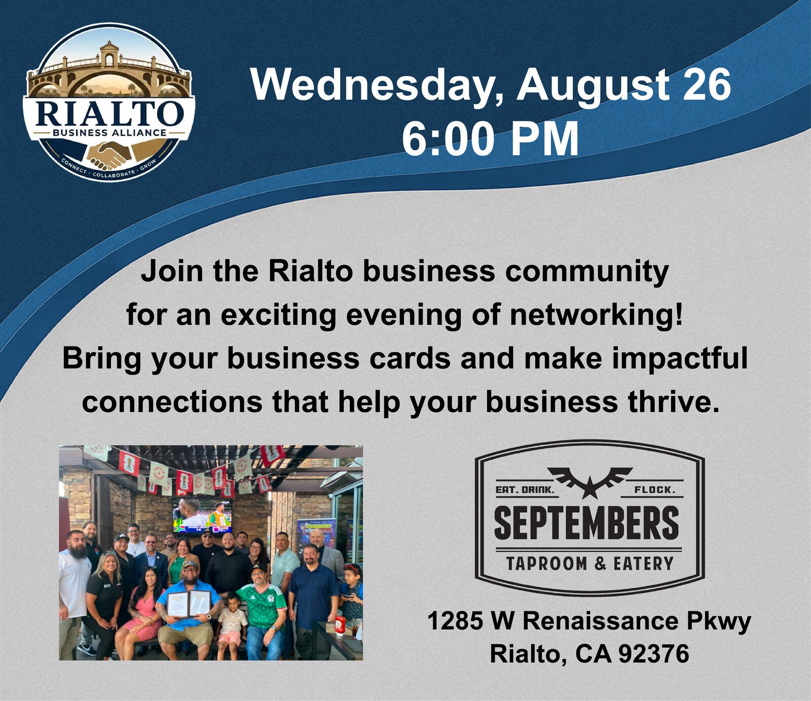 Flyer for the Rialto Business Alliance networking mixer on Wednesday, August 26 at 6:00 PM at Septembers Taproom and Eatery